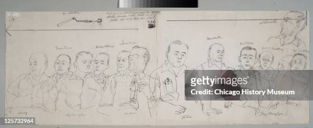Pencil sketch of the jurors during the trial of JW Milam and Roy Bryant in the Tallahatchie County Courthouse, Sumner, Mississippi, week of September...