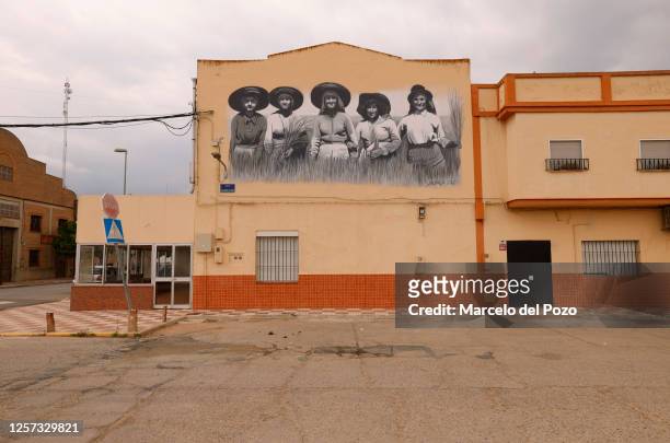 Graffiti art piece of rice farmers on May 22, 2023 in Isla Mayor, Spain. An estimated 60 per cent of the Spanish countryside has been affected by...