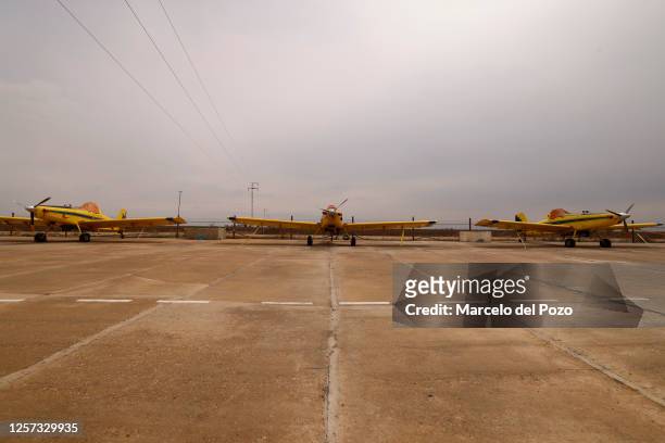 Rice seeding planes parked on an airfield on May 22, 2023 in Isla Mayor, Spain. An estimated 60 per cent of the Spanish countryside has been affected...