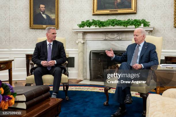 President Joe Biden meets with House Speaker Kevin McCarthy in the Oval Office of the White House on May 22, 2023 in Washington, DC. Biden and...