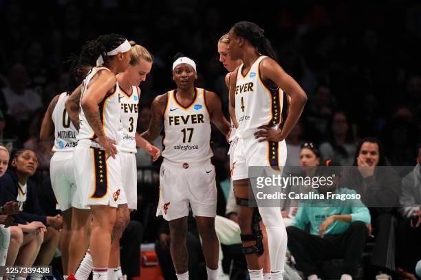 View of the Indiana Fever team huddle during the game on May 21, 2023 in Brooklyn, New York. NOTE TO USER: User expressly acknowledges and agrees...