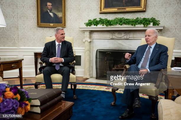 President Joe Biden meets with House Speaker Kevin McCarthy in the Oval Office of the White House on May 22, 2023 in Washington, DC. Biden and...