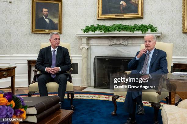 President Joe Biden meets with House Speaker Kevin McCarthy in the Oval Office of the White House on May 22, 2023 in Washington, DC. Biden and...
