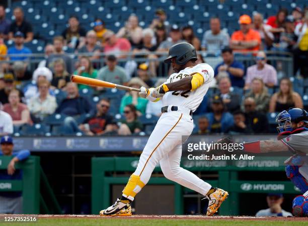 Andrew McCutchen of the Pittsburgh Pirates records his 1,500th hit as a Pittsburgh Pirate against the Texas Rangers during inter-league play at PNC...