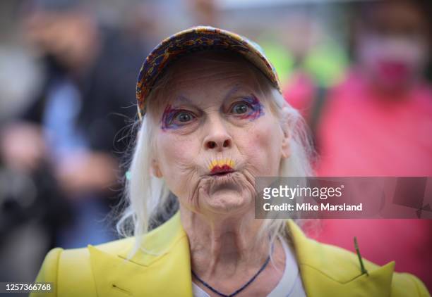 Dame Vivienne Westwood suspend 10 Ft high inside giant bird cage in protest for Julian Assange at Old Bailey on July 21, 2020 in London, England....