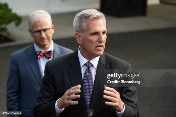 House Speaker Kevin McCarthy, a Republican from California, right, speaks to members of the media alongside Representative Patrick McHenry, a...