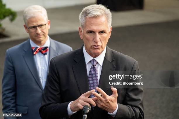 House Speaker Kevin McCarthy, a Republican from California, right, speaks to members of the media alongside Representative Patrick McHenry, a...