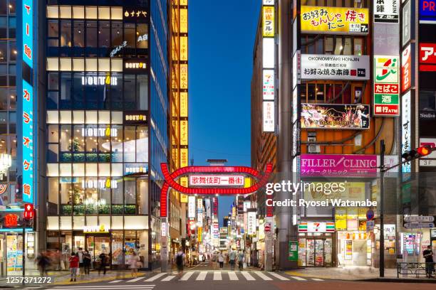 entrance to kabukicho ichiban-gai at sunset - godzilla named work stock pictures, royalty-free photos & images