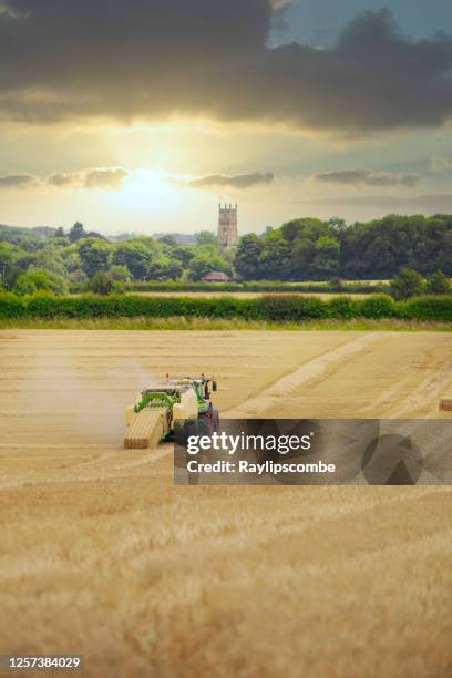 straw or hay baler machine pulled by a tractor, discharging a compacted straw bale from the rear in a field of recently harvested barley on the outskirts of cirencester in the cotswolds - cevada imagens e fotografias de stock