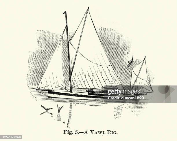 yawl rig, a two-masted sailing craft, 19th century - two masted sailboat stock illustrations