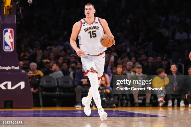 Nikola Jokic of the Denver Nuggets dribbles the ball during Game Four of the Western Conference Finals against the Los Angeles Lakers on May 22, 2023...