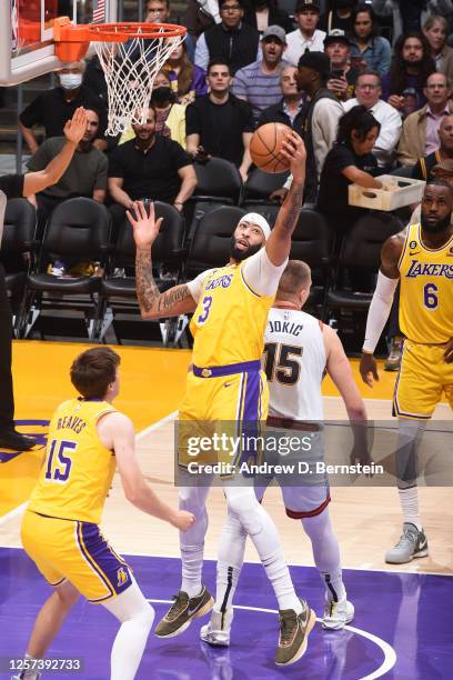 Anthony Davis of the Los Angeles Lakers rebounds the ball during Round 3 Game 4 of the Western Conference Finals 2023 NBA Playoffs against the Denver...