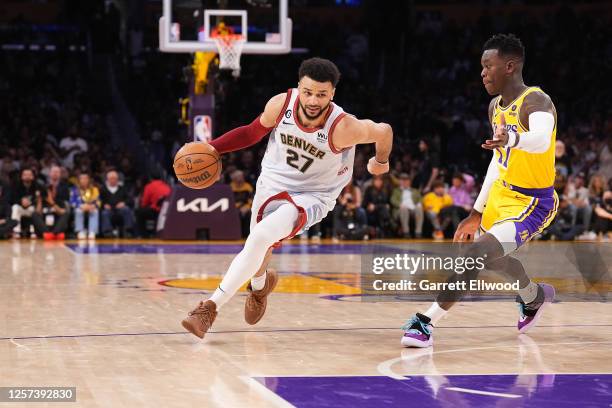 Jamal Murray of the Denver Nuggets dribbles the ball during Game Four of the Western Conference Finals against the Los Angeles Lakers on May 22, 2023...