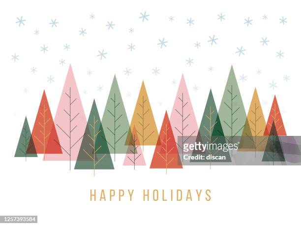 weihnachtlicher hintergrund mit bäumen und schneeflocken. - grußkarte stock-grafiken, -clipart, -cartoons und -symbole