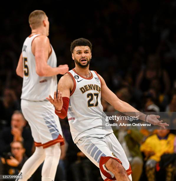 Jamal Murray of the Denver Nuggets blows up after Nikola Jokic was called for a foul he would finished the half with three during the second quarter...