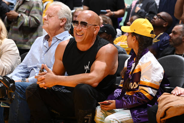 Vin Diesel smiles during Round 3 Game 4 of the Western Conference Finals 2023 NBA Playoffs between the Denver Nuggets and Los Angeles Lakers on May...