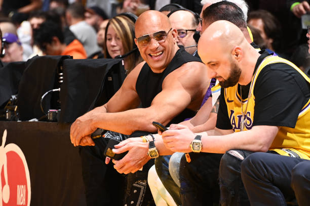 Vin Diesel smiles during Round 3 Game 4 of the Western Conference Finals 2023 NBA Playoffs between the Denver Nuggets and Los Angeles Lakers on May...