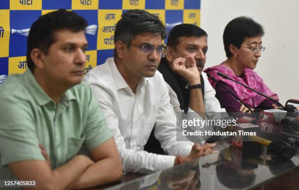 Leaders MP Sanjay Singh, MP Sandeep Pathak, Cabinet Minister Saurabh Bhardwaj and Cabinet Minister Atishi address a press conference at AAP HQ on May...