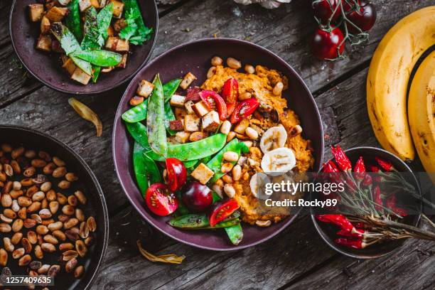 sweet potato banana curry with peanut butter - lunch top view stock pictures, royalty-free photos & images