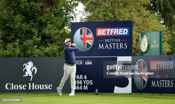 Lee Westwood of England in action during a practice round at the Betfred British Masters at Close House Golf Club on July 21, 2020 in Newcastle upon...