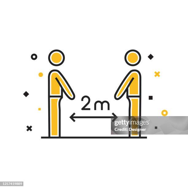 the new normal concept - social distancing flat line icon, flat design vector symbol illustration. covid-19 coronavirus - new normal working stock illustrations