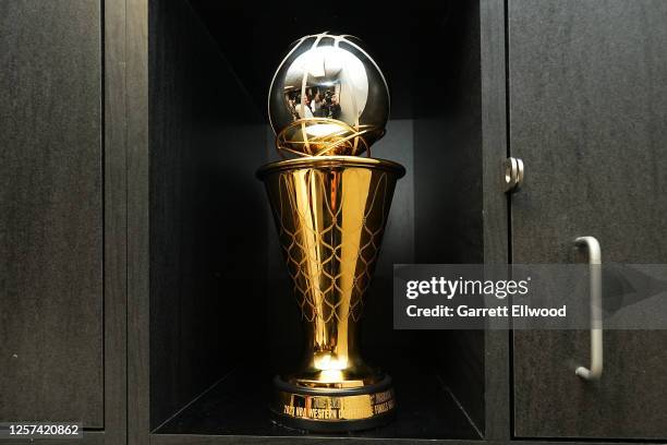 View of the Earvin "Magic" Johnson Western Conference Finals Most Valuable Player trophy after Game Four of the Western Conference Finals between the...