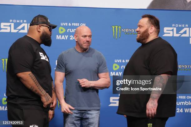 Dayne Viern and Slap for Cash face off during the Power Slap 2 Media Day at UFC Apex on May 22 in Las Vegas, Nevada, United States.