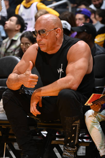 Vin Diesel poses for a photo during Round 3 Game 4 of the Western Conference Finals 2023 NBA Playoffs between the Denver Nuggets and Los Angeles...