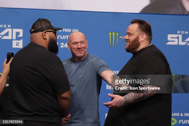 Dayne Viern and Slap for Cash face off during the Power Slap 2 Media Day at UFC Apex on May 22 in Las Vegas, Nevada, United States.