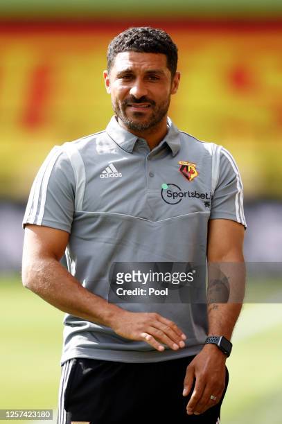 Hayden Mullins, Interim Manager of Watford looks on prior to the Premier League match between Watford FC and Manchester City at Vicarage Road on July...
