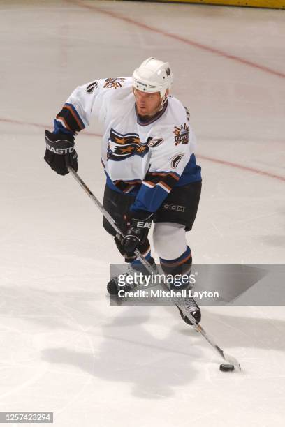 Calle Johansson of the Washington Capitals in position during a NHL hockey game against the Pittsburgh Penguins at MCI Center on April 5, 2003 in...