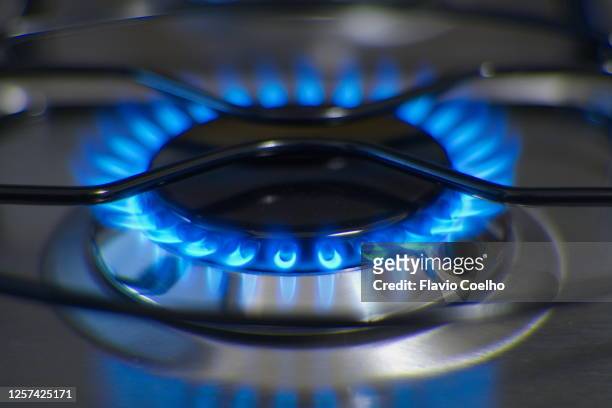 blue flames from gas burner - gas appliances stock-fotos und bilder