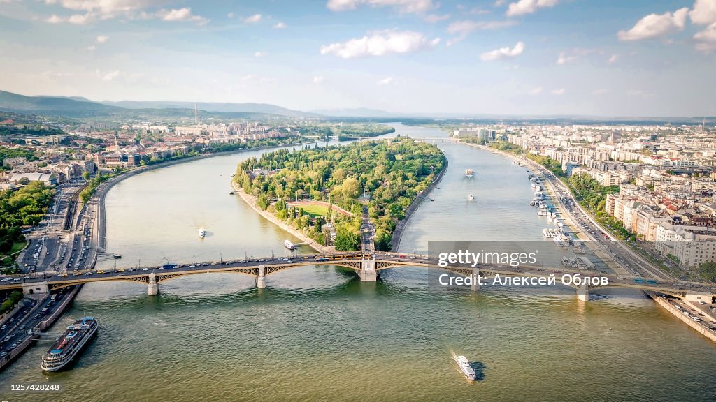 Aerial photo shows the Margaret Island and the Margaret Bridge in Budapest, Hungary