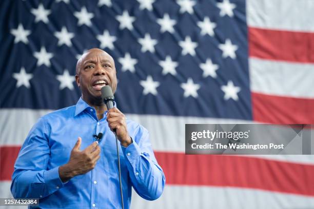 May 22: Sen. Tim Scott speaks to a crowd during a presidential campaign kickoff event at Charleston Southern University on Monday, May 22, 2023....