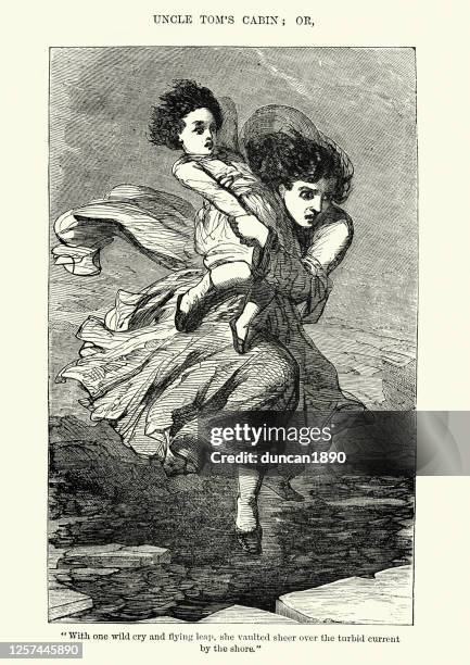 eliza crossing the ice with harry, uncle tom's cabin - harriet-beecher-stowe stock illustrations