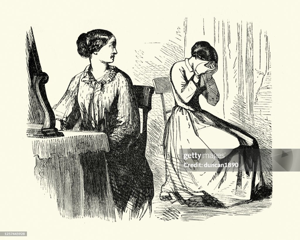 Eliza and Mrs. Shelby, Young Victorian woman crying