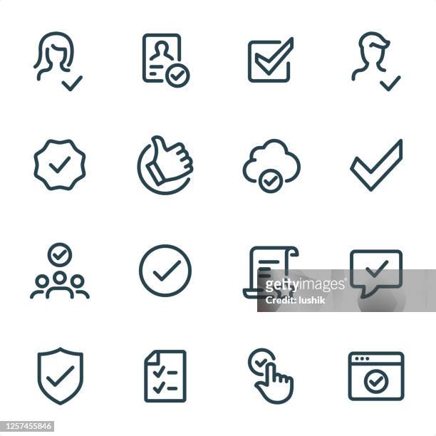 ilustrações de stock, clip art, desenhos animados e ícones de approved and checked - pixel perfect unicolor line icons - autoconfiança