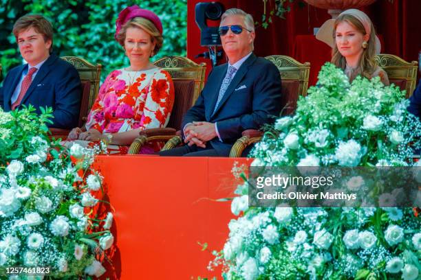 Prince Gabriel of Belgium, Queen Mathilde of Belgium, King Philippe of Belgium and Princess Elisabeth of Belgium attend the ceremony in front of the...
