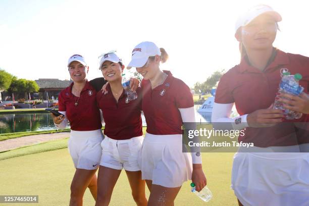 Caroline Sturdza, Rose Zhang and Rachel Heck of the Stanford Cardinal walk off the 18th green after the final round of the Division I Women's...