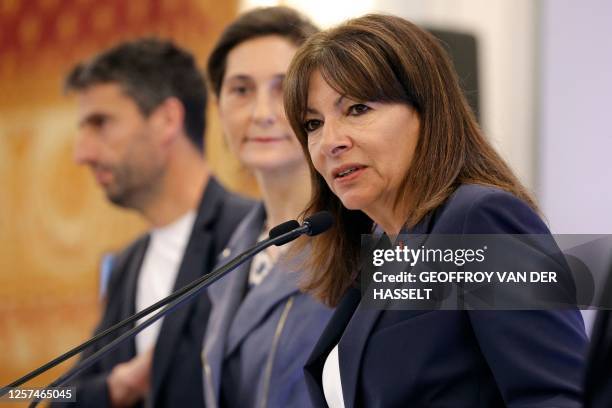 Paris Mayor Anne Hidalgo speaks to media during the signing of the protocol for the opening ceremony of the Paris 2024 Summer Olympic and Paralympic...