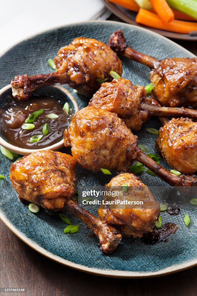 Honey Garlic Lollipop Chicken Wings with Carrots, Celery and Ranch Dip