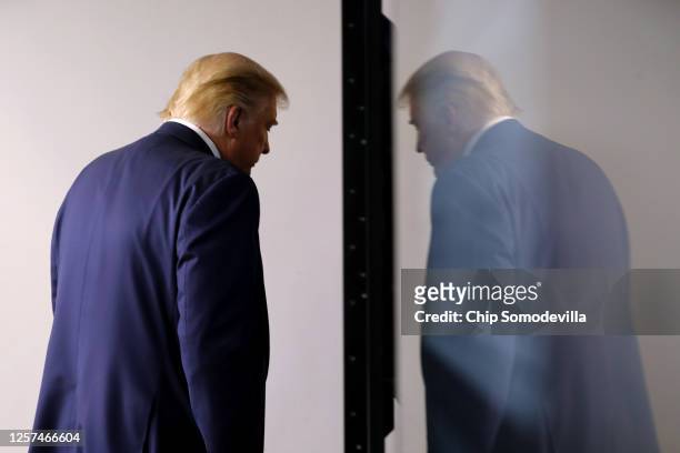President Donald Trump leaves the podium at the conclusion of a press conference in the Brady Press Briefing Room at the White House July 21, 2020 in...