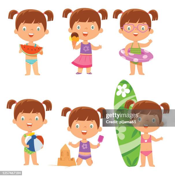 ilustraciones, imágenes clip art, dibujos animados e iconos de stock de little girl play in sand - family beach