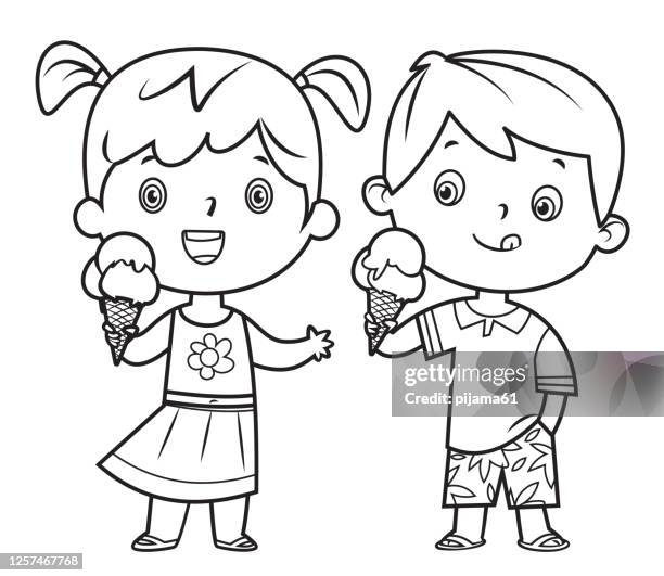 ilustraciones, imágenes clip art, dibujos animados e iconos de stock de niños comiendo helado - colorear