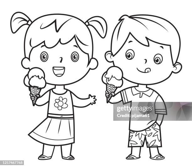 children eating ice cream - coloring stock illustrations