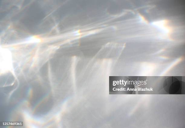 water texture overlay photo effect. rainbow refraction of light over white background. - lumières photos et images de collection