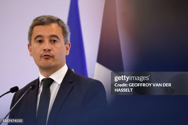 French Interior Minister and Overseas Gerald Darmanin speaks during the signing of the protocol for the opening ceremony of the Paris 2024 Summer...