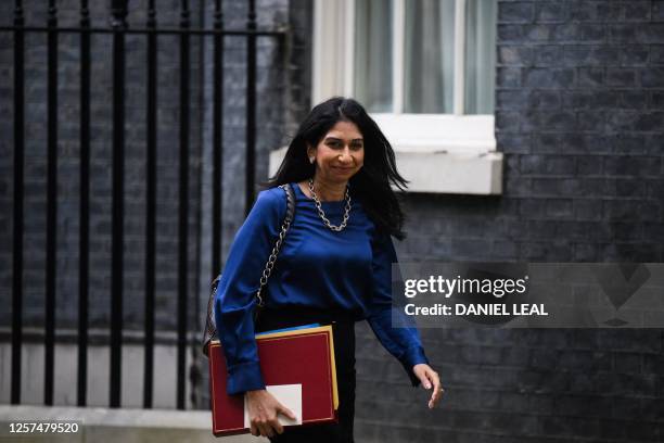 Britain's Home Secretary Suella Braverman leaves at the end of a cabinet meeting at 10 Downing Street in central London on May 23, 2023.