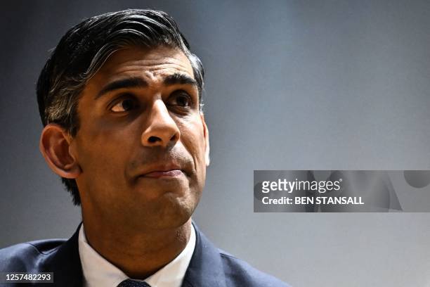 Britain's Prime Minister Rishi Sunak speaks during the London Defence Conference, at King's College, in central London, on May 23, 2023. The London...