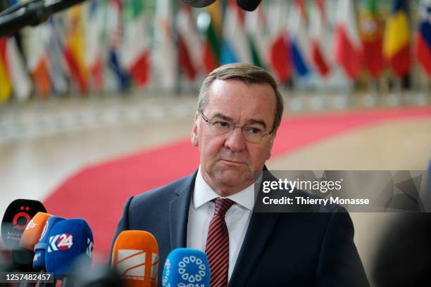 German Minister of Defence Boris Pistorius talks to media prior an EU Foreign Affairs Council Meeting on May 23, 2023 in Brussels, Belgium. Today,...
